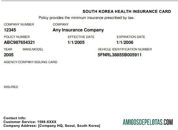 Cartão de seguro saúde da Coreia do Sul exemplo